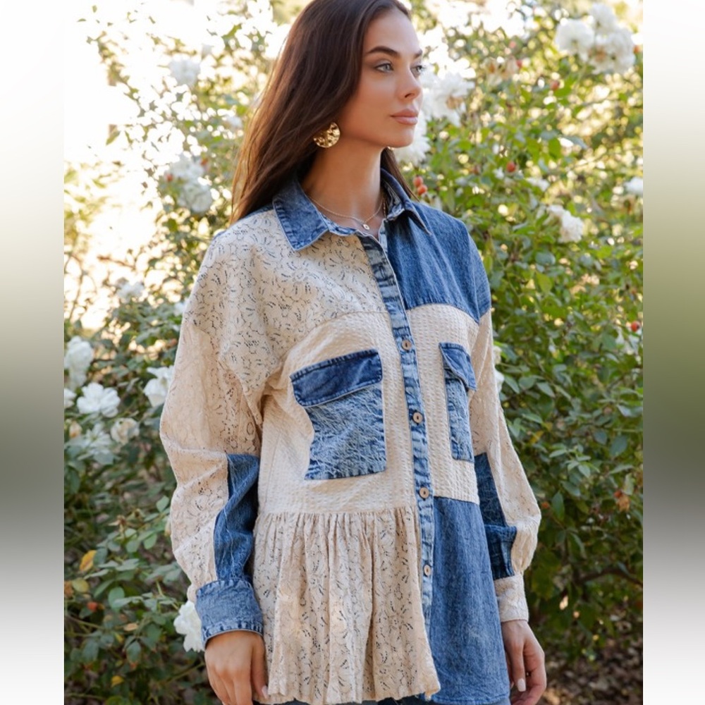 Women's Patchwork Button-Down Shirt in Blue and Cream - Picture 2 of 5